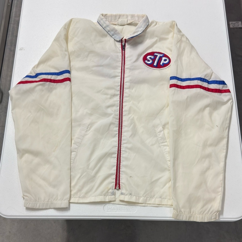 STP Racing Windbreaker Jacket Mens L White Good Vintage Logo Patch Striped